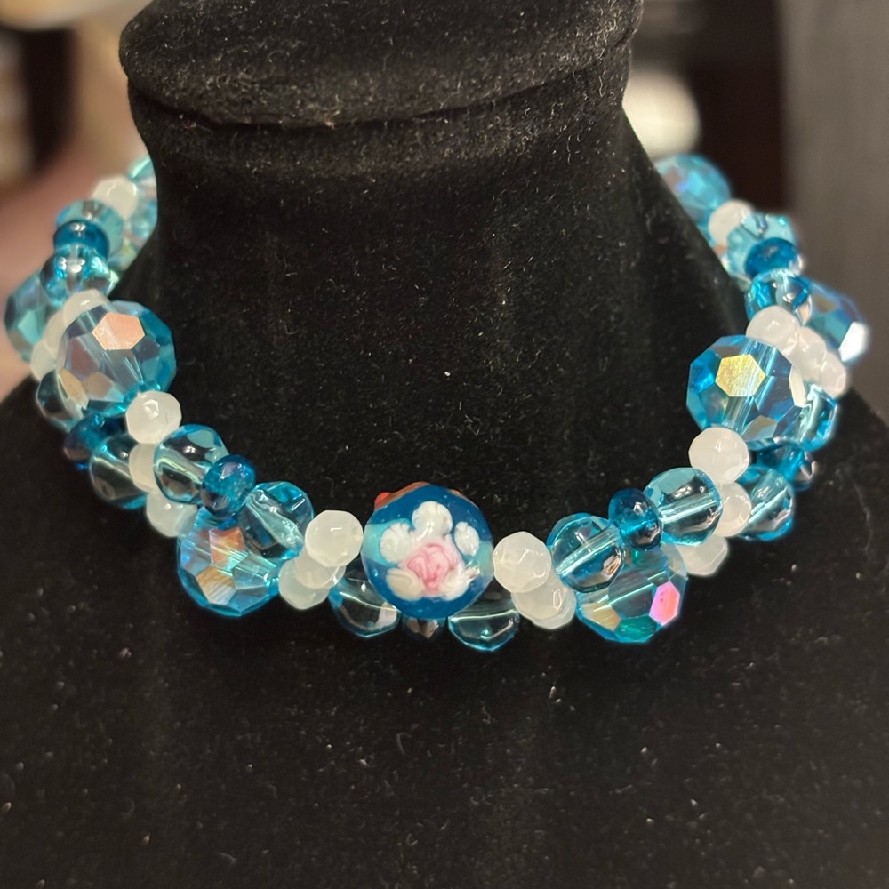 Hand crafted spring bracelet Blue czech crystal and lampwork beads 7 inches